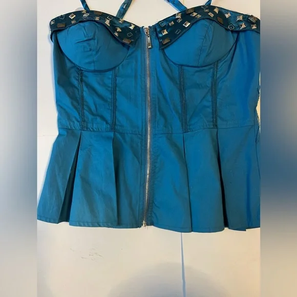 NWT Lydia Blue Bustier Corset Ribbed Peplum Jewel Embellished Top SzS - Picture 7 of 9